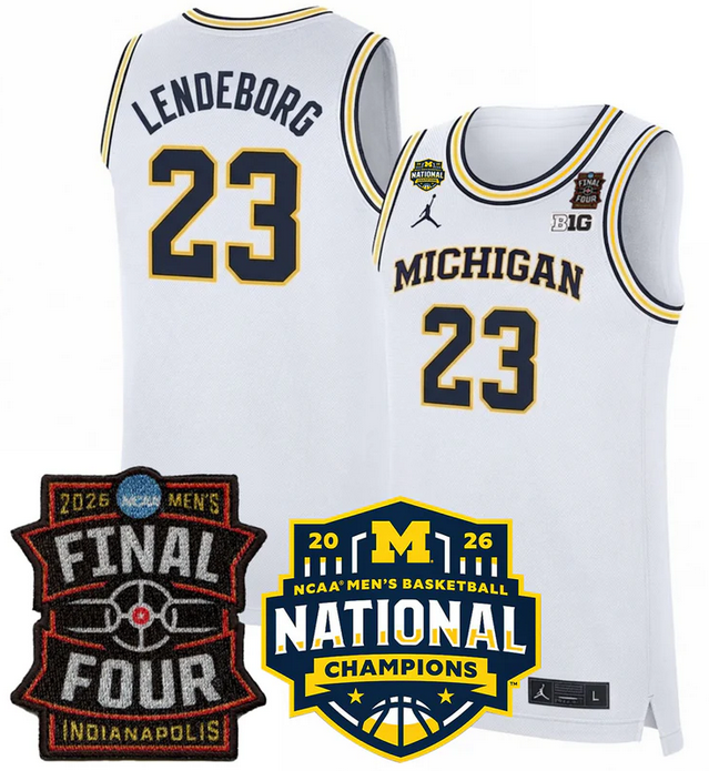 Men's Michigan Wolverines #23 Yaxel Lendeborg White 2025/26 Final Four & National Champions Patch Stitched Basketball Jersey